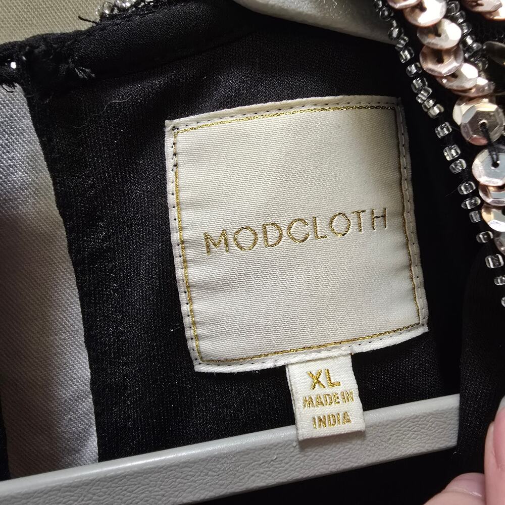 Modcloth black chiffon knee length sleeveless dress gold sequin beaded collar XL - Picture 3 of 13